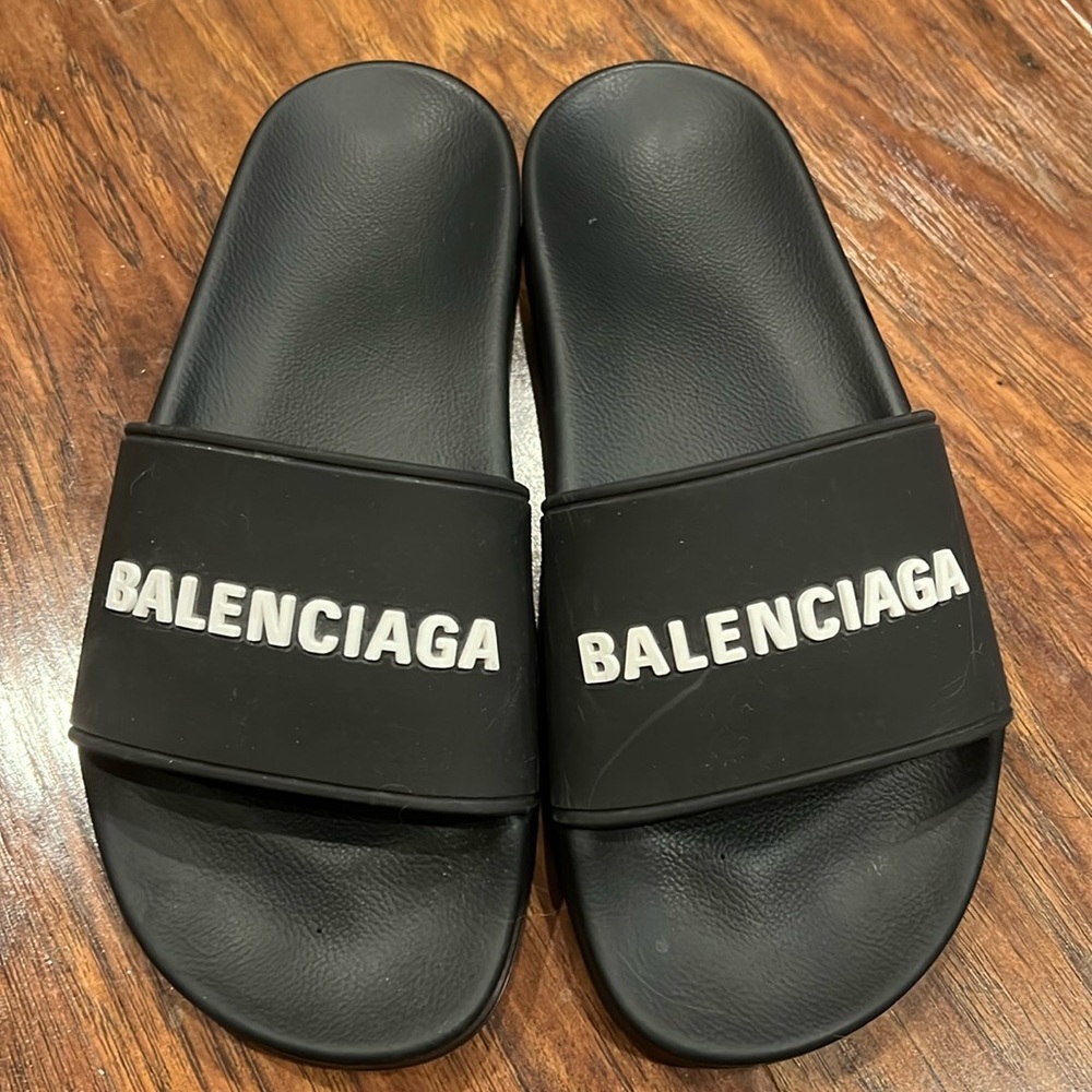 Balenciaga Black Logo Pool Slides, size 38